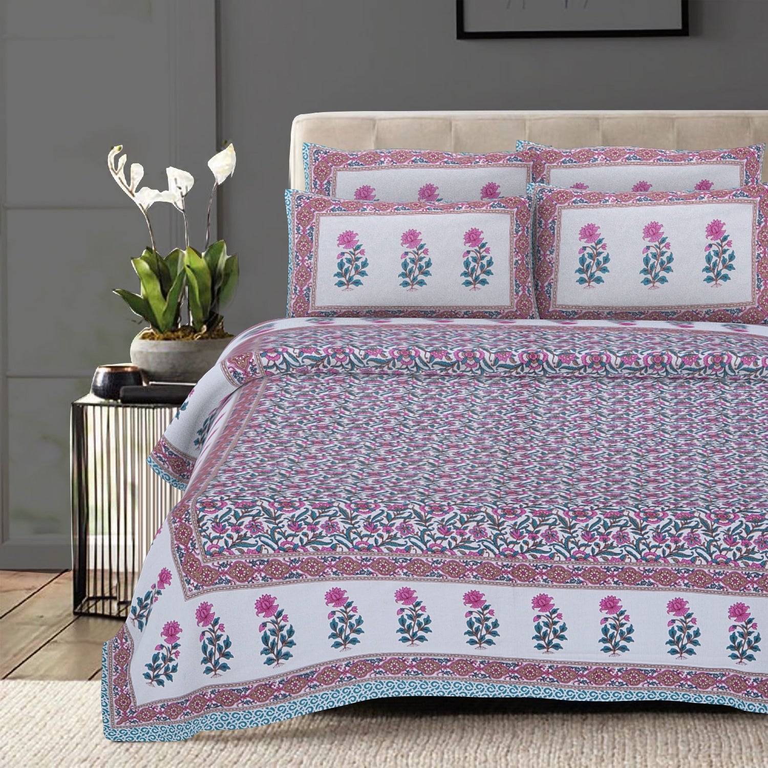 Rudra Bazaar Sea Green 210 TC Cotton Double King Bedsheet With 2 Pillow Covers