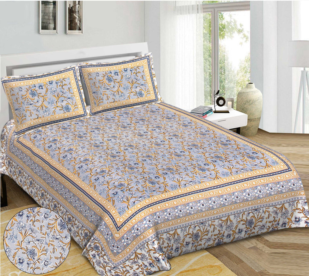 Rudra Bazaar Blue 210 TC Cotton Double King Bedsheet With 2 Pillow Covers