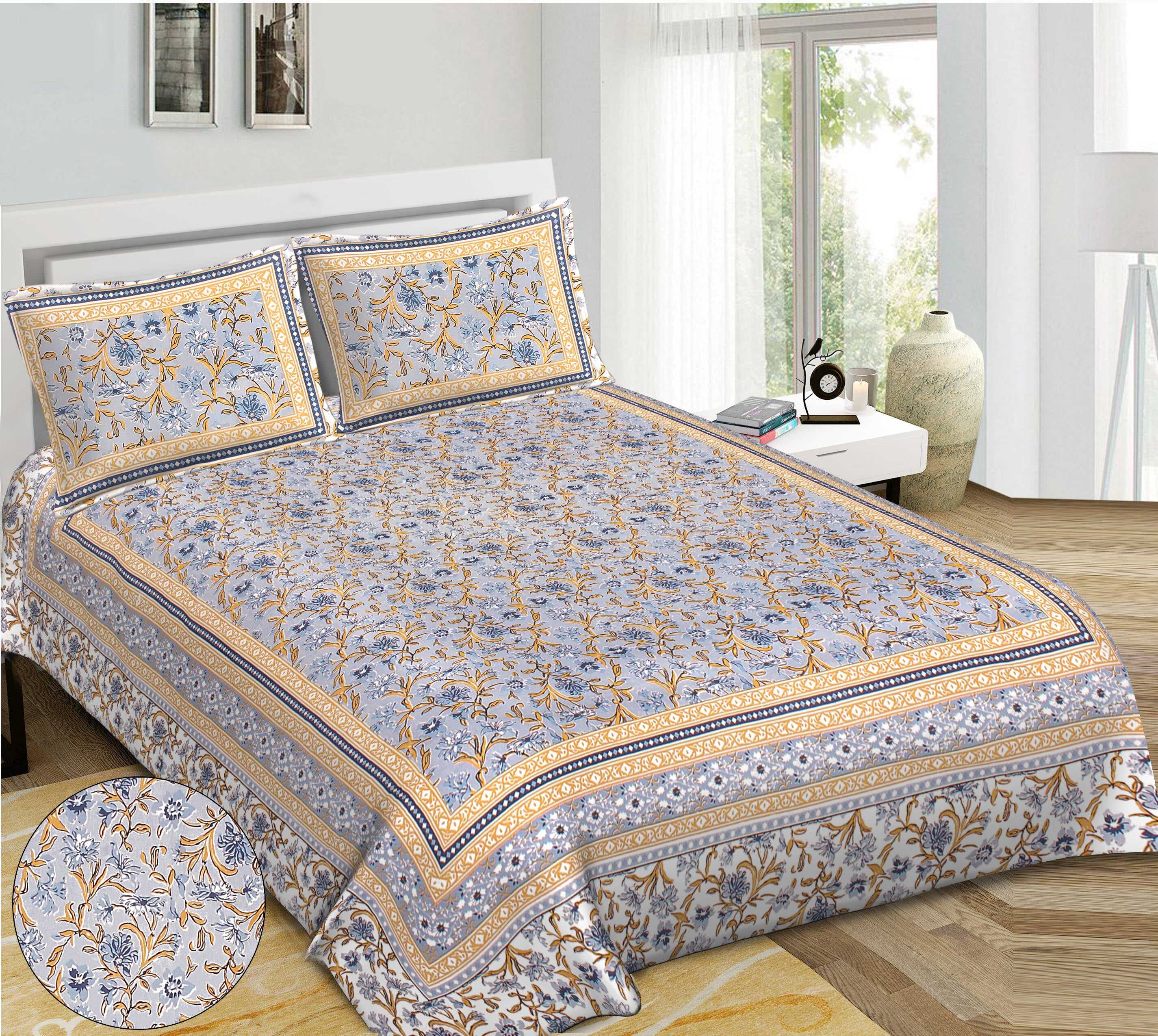 Rudra Bazaar Blue 210 TC Cotton Double King Bedsheet With 2 Pillow Covers