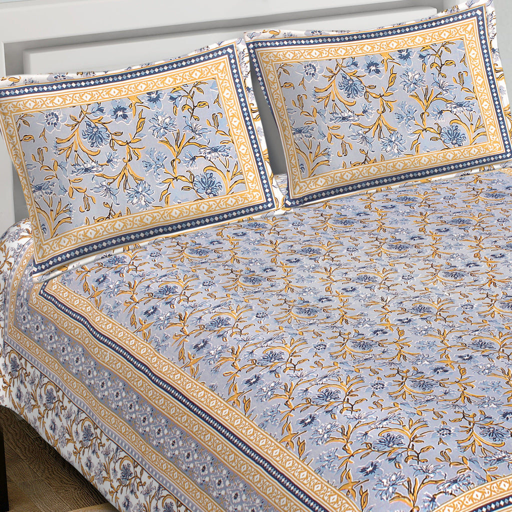 Rudra Bazaar Blue 210 TC Cotton Double King Bedsheet With 2 Pillow Covers