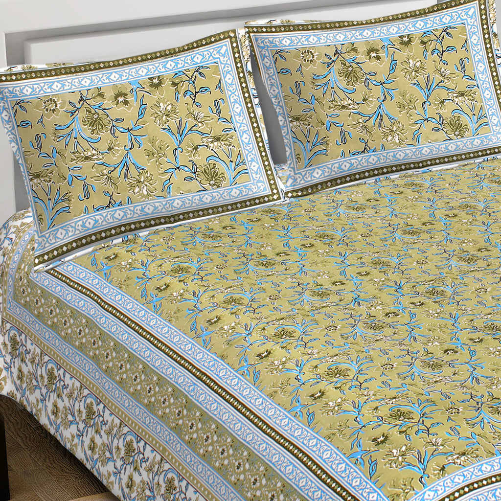 Rudra Bazaar Green 210 TC Cotton Double King Bedsheet With 2 Pillow Covers