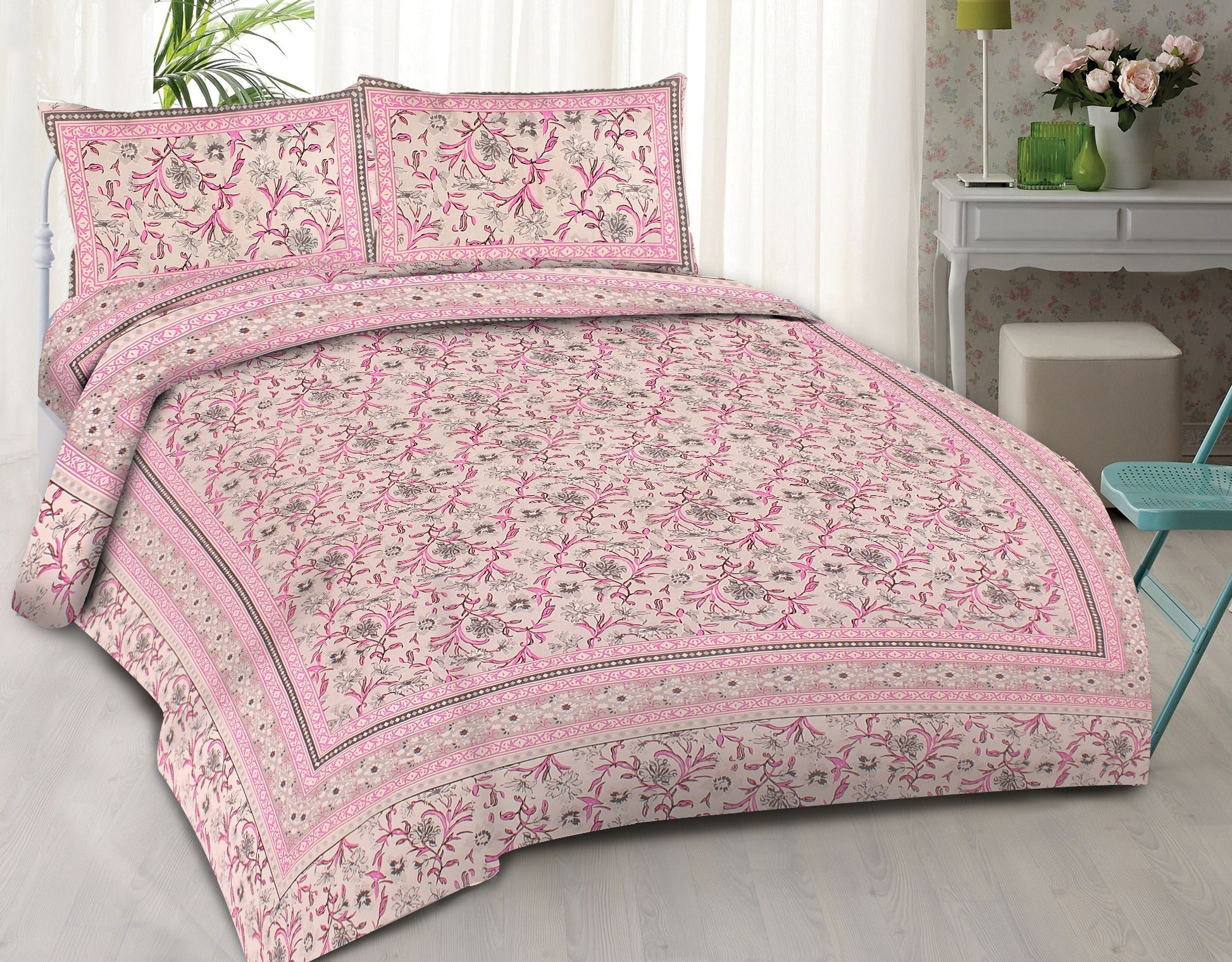 Rudra Bazaar Pink 210 TC Cotton Double King Bedsheet With 2 Pillow Covers