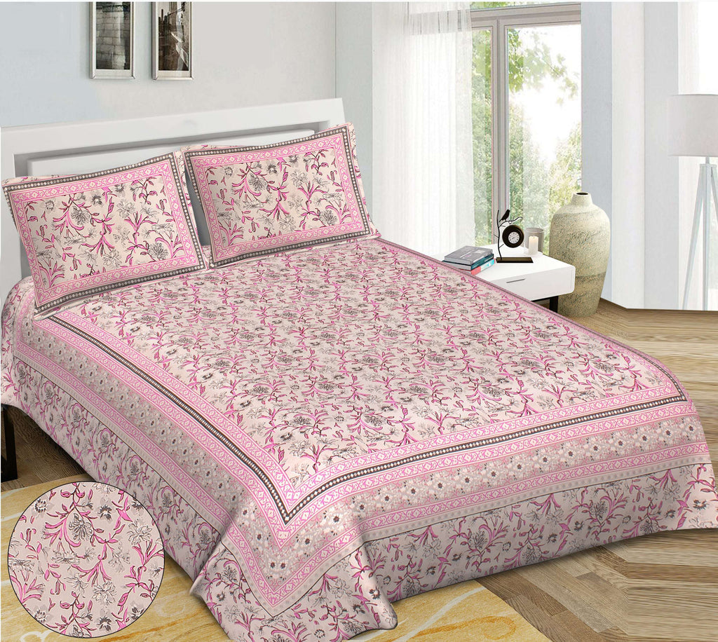 Rudra Bazaar Pink 210 TC Cotton Double King Bedsheet With 2 Pillow Covers