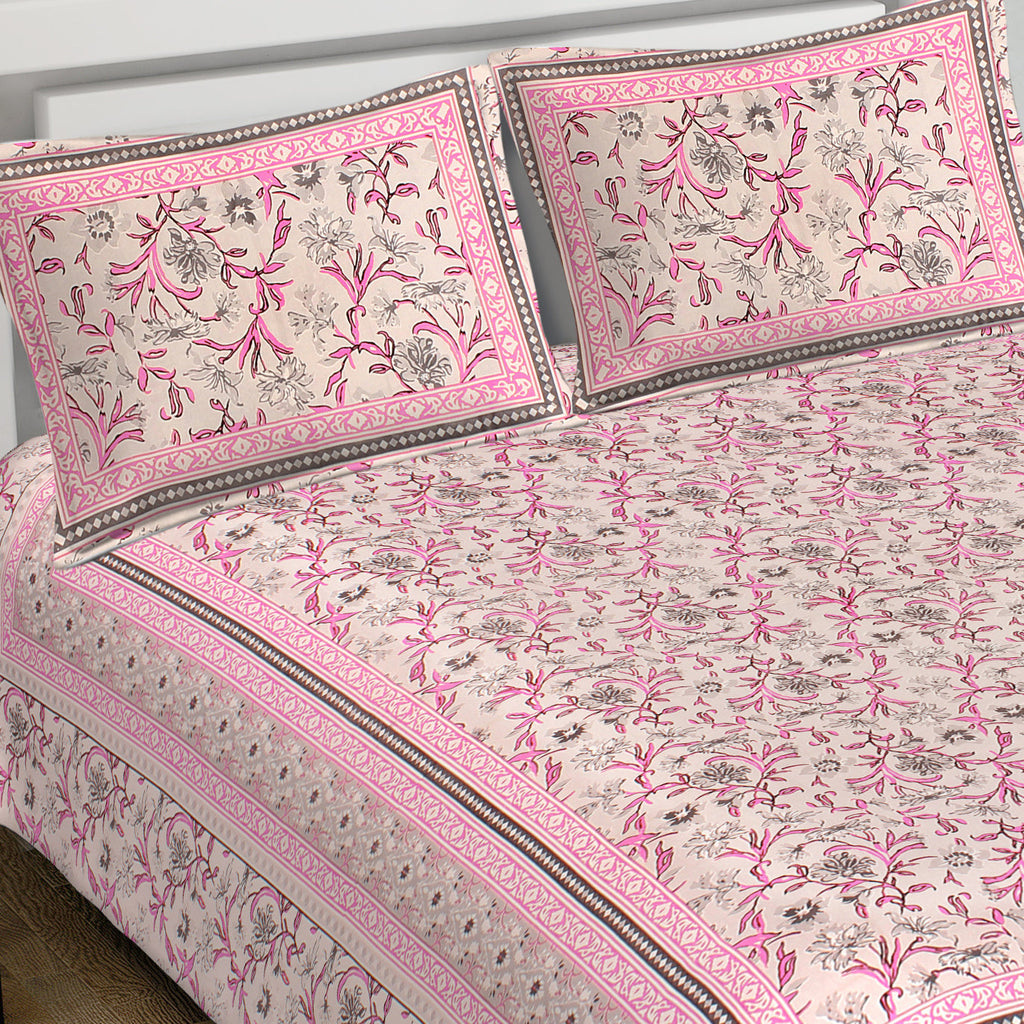 Rudra Bazaar Pink 210 TC Cotton Double King Bedsheet With 2 Pillow Covers