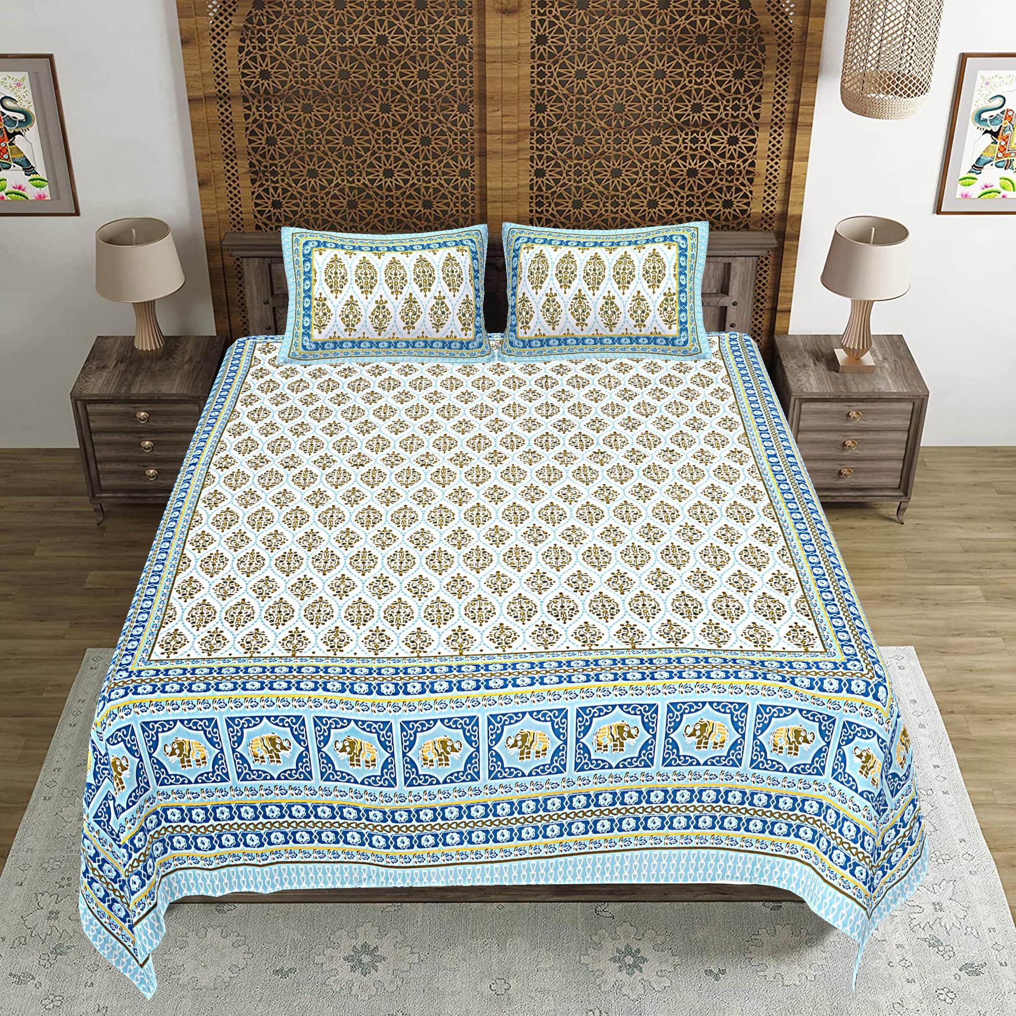 Rudra Bazaar Blue 210 TC Cotton Double King Bedsheet With 2 Pillow Covers