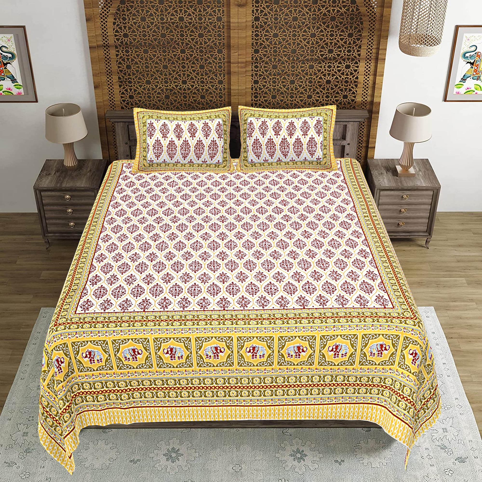 Rudra Bazaar Gold 210 TC Cotton Double King Bedsheet With 2 Pillow Covers