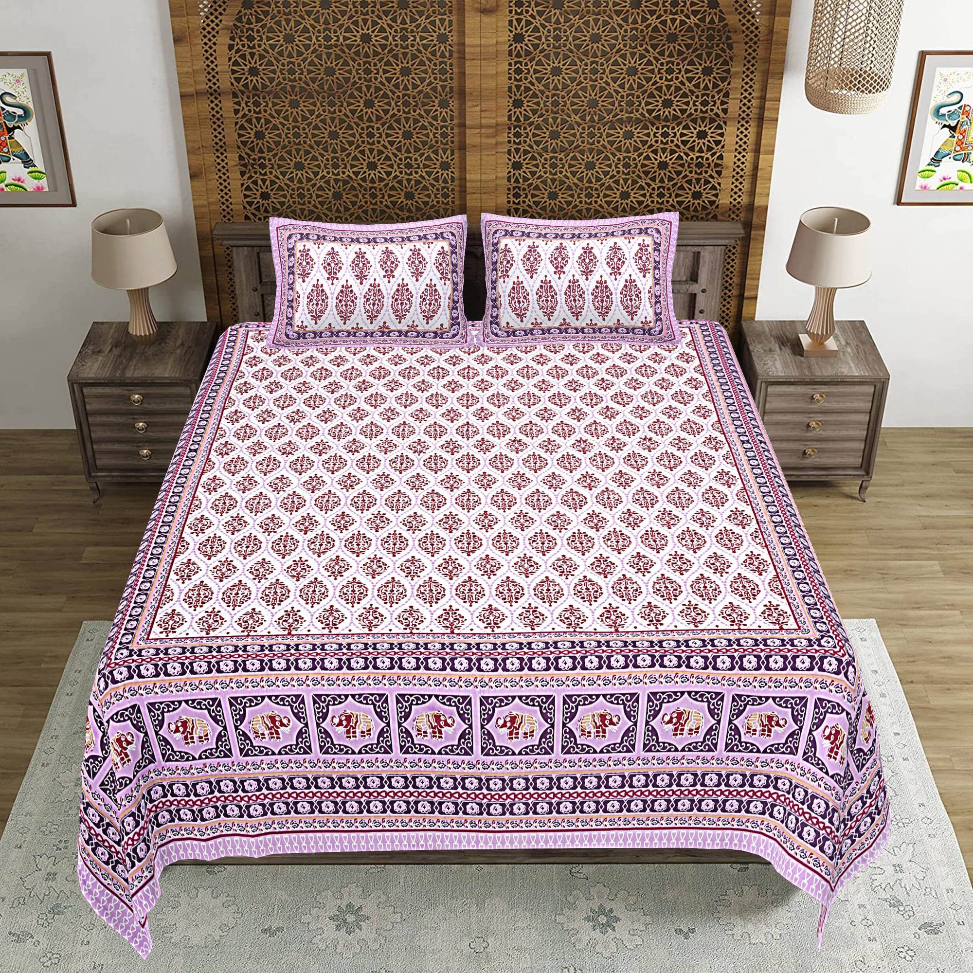 Rudra Bazaar Purple 210 TC Cotton Double King Bedsheet With 2 Pillow Covers