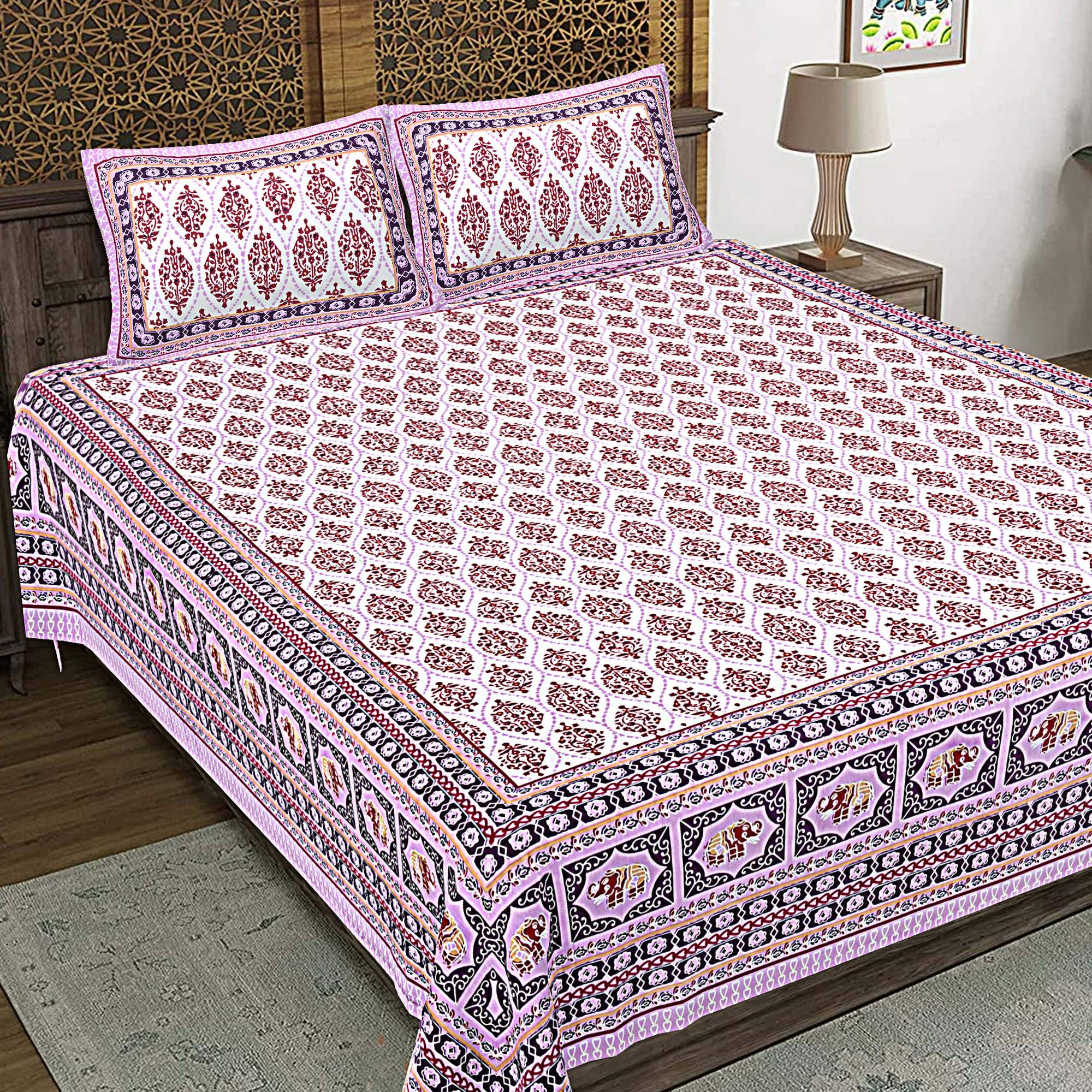 Rudra Bazaar Purple 210 TC Cotton Double King Bedsheet With 2 Pillow Covers