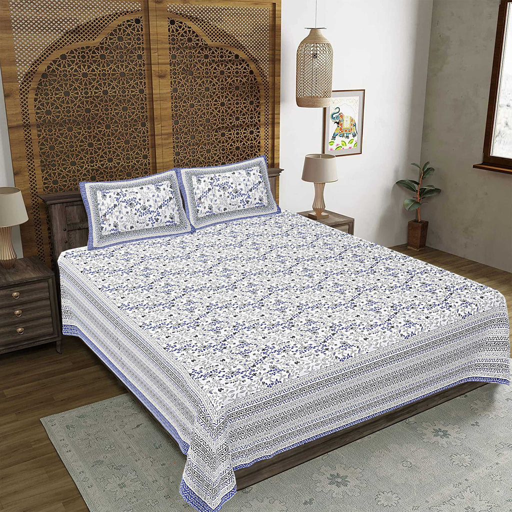 Rudra Bazaar Blue 210 TC Cotton Double King Bedsheet With 2 Pillow Covers