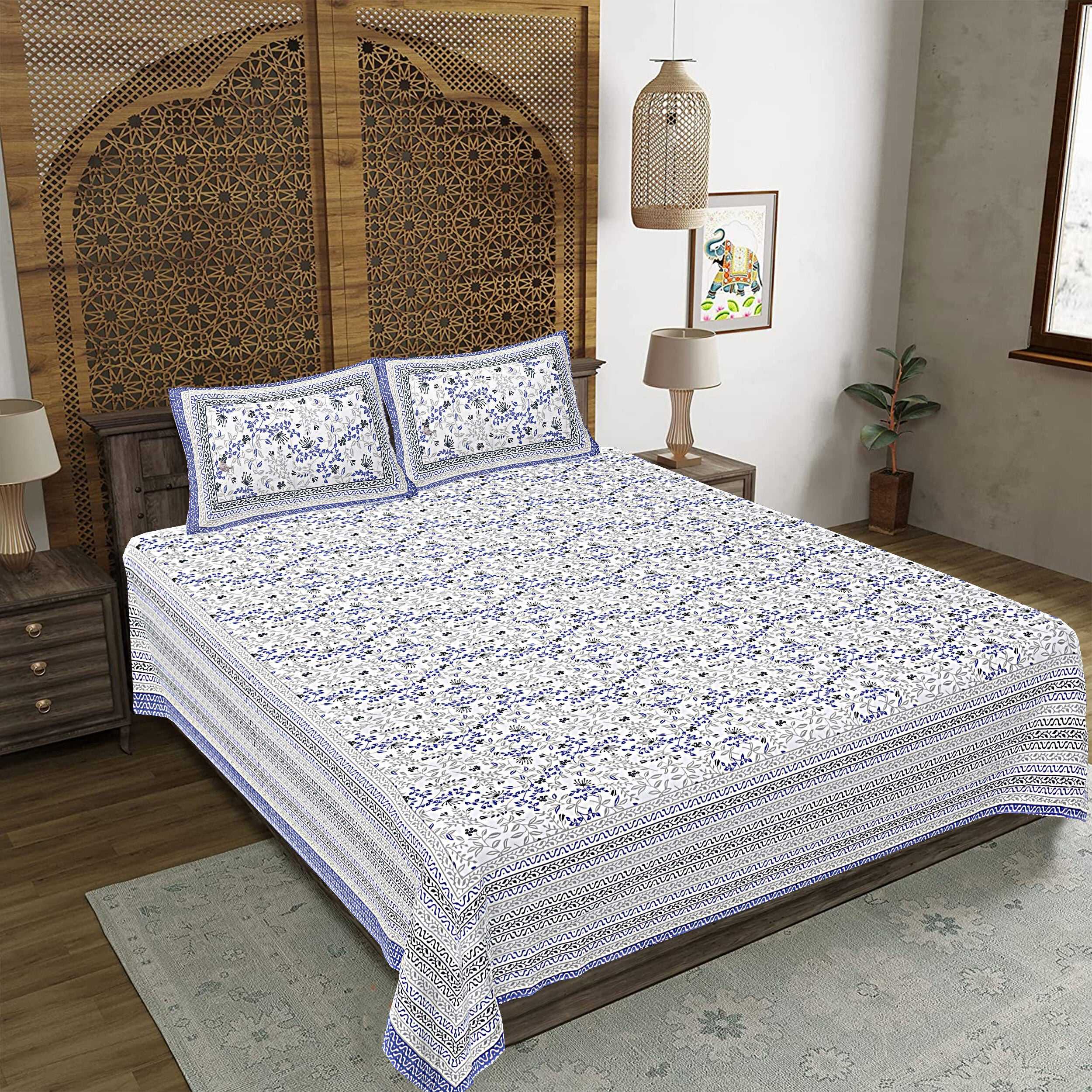 Rudra Bazaar Blue 210 TC Cotton Double King Bedsheet With 2 Pillow Covers