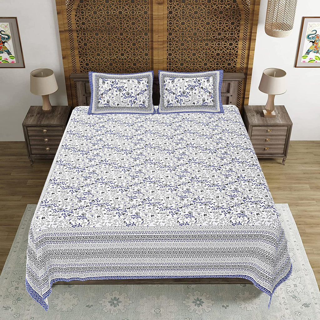 Rudra Bazaar Blue 210 TC Cotton Double King Bedsheet With 2 Pillow Covers