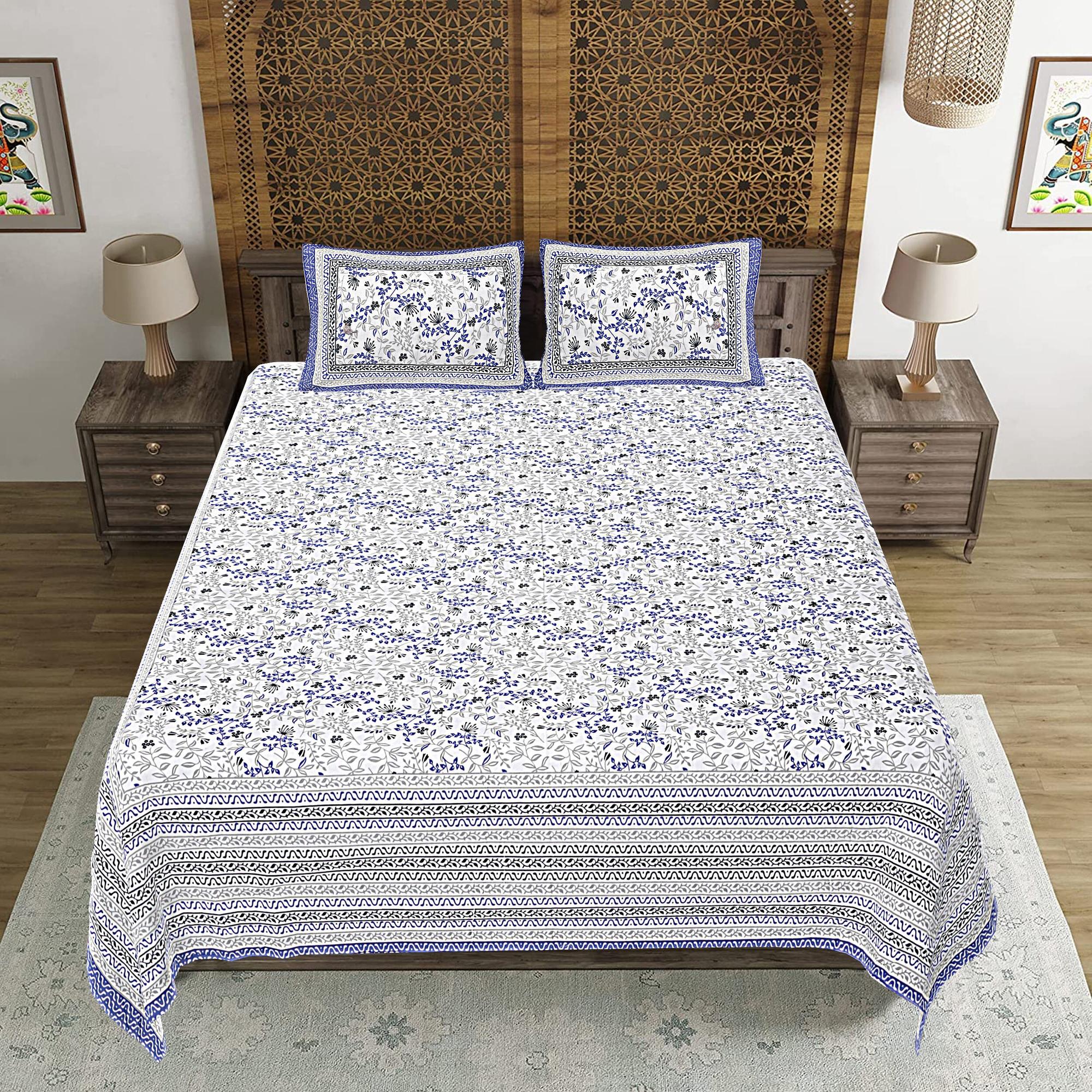 Rudra Bazaar Blue 210 TC Cotton Double King Bedsheet With 2 Pillow Covers