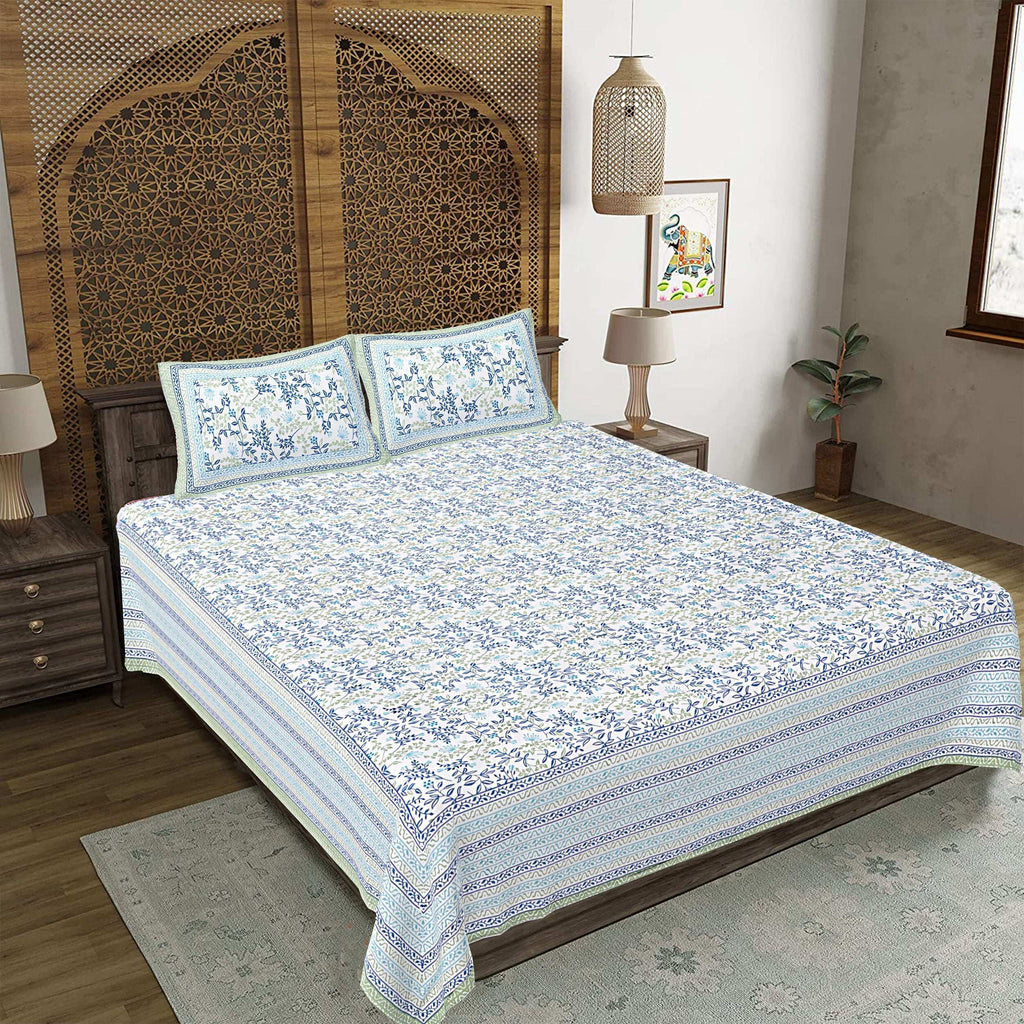 Rudra Bazaar Green 210 TC Cotton Double King Bedsheet With 2 Pillow Covers