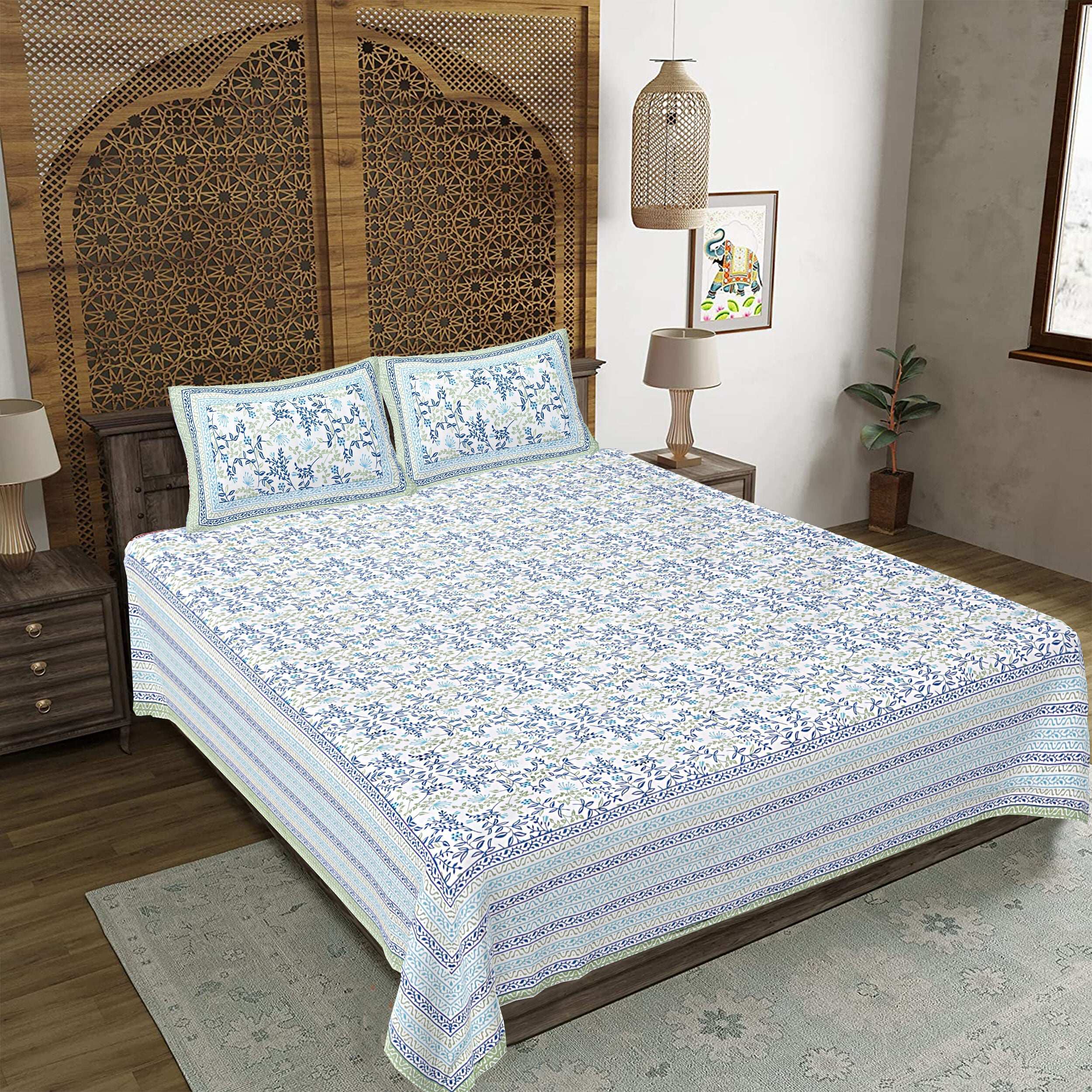 Rudra Bazaar Green 210 TC Cotton Double King Bedsheet With 2 Pillow Covers