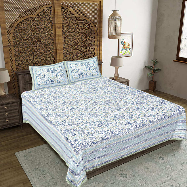 Rudra Bazaar Green 210 TC Cotton Double King Bedsheet With 2 Pillow Covers Hover Image