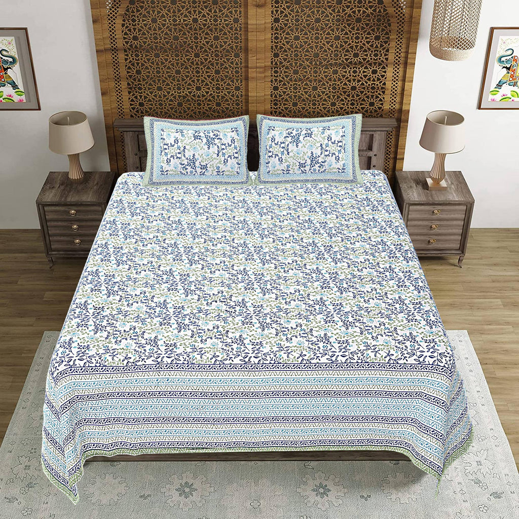 Rudra Bazaar Green 210 TC Cotton Double King Bedsheet With 2 Pillow Covers