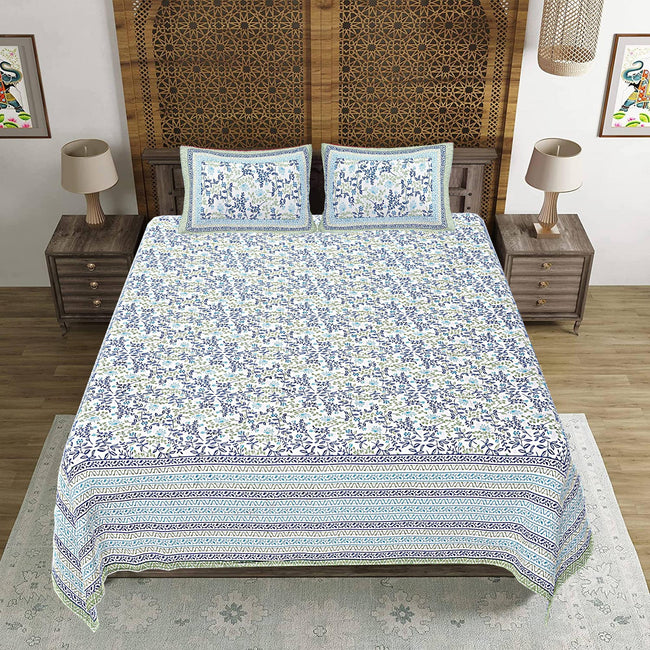 Rudra Bazaar Green 210 TC Cotton Double King Bedsheet With 2 Pillow Covers Main Image