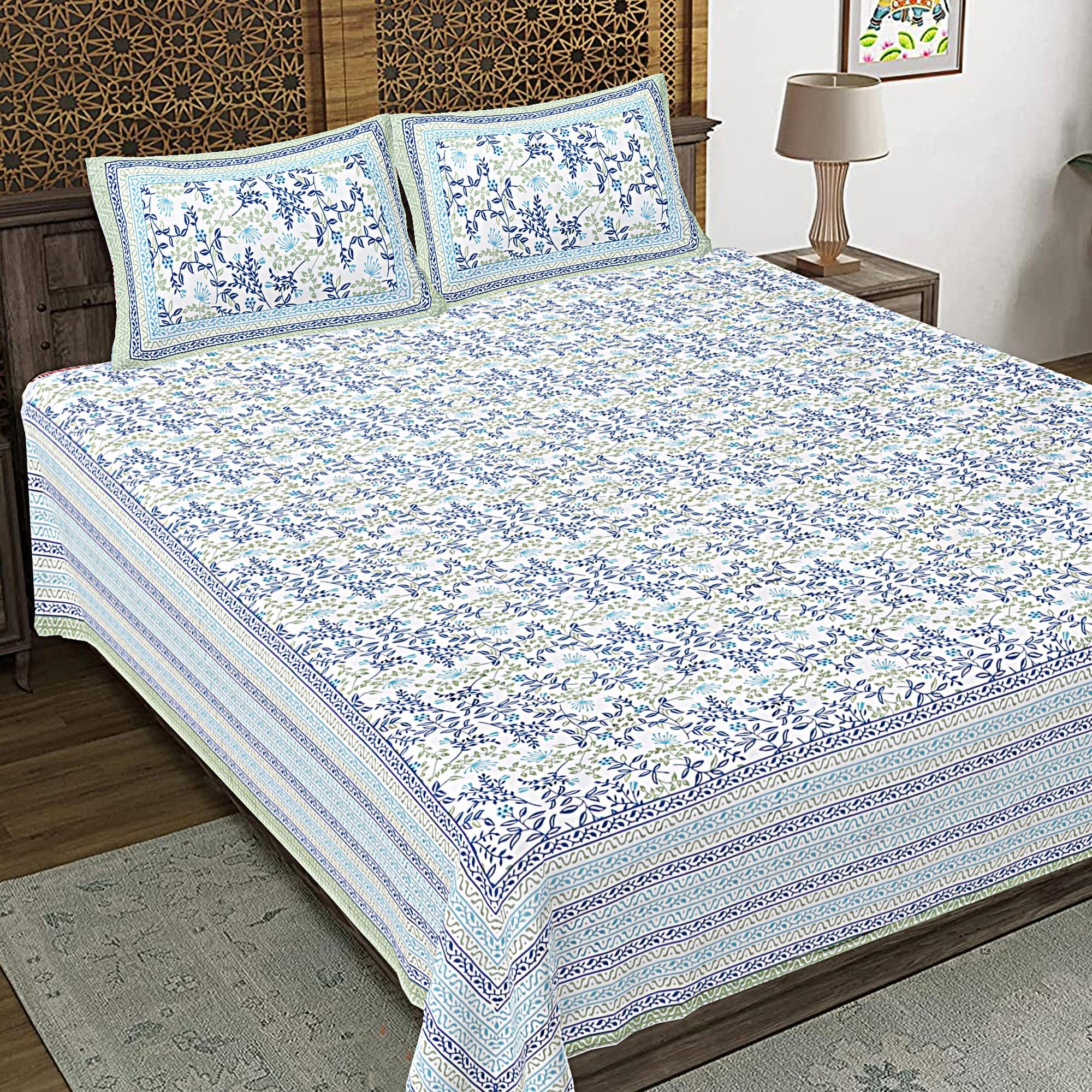 Rudra Bazaar Green 210 TC Cotton Double King Bedsheet With 2 Pillow Covers