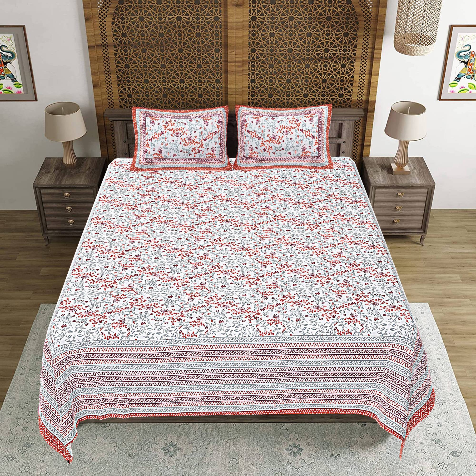 Rudra Bazaar Orange 210 TC Cotton Double King Bedsheet With 2 Pillow Covers