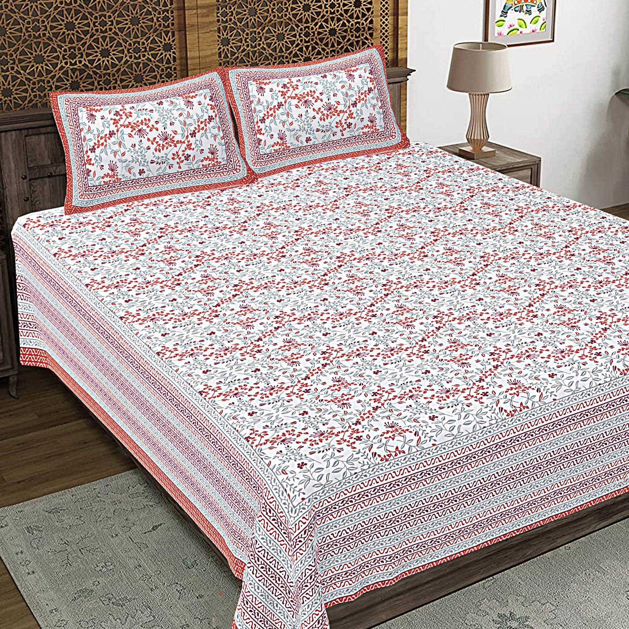 Rudra Bazaar Orange 210 TC Cotton Double King Bedsheet With 2 Pillow Covers