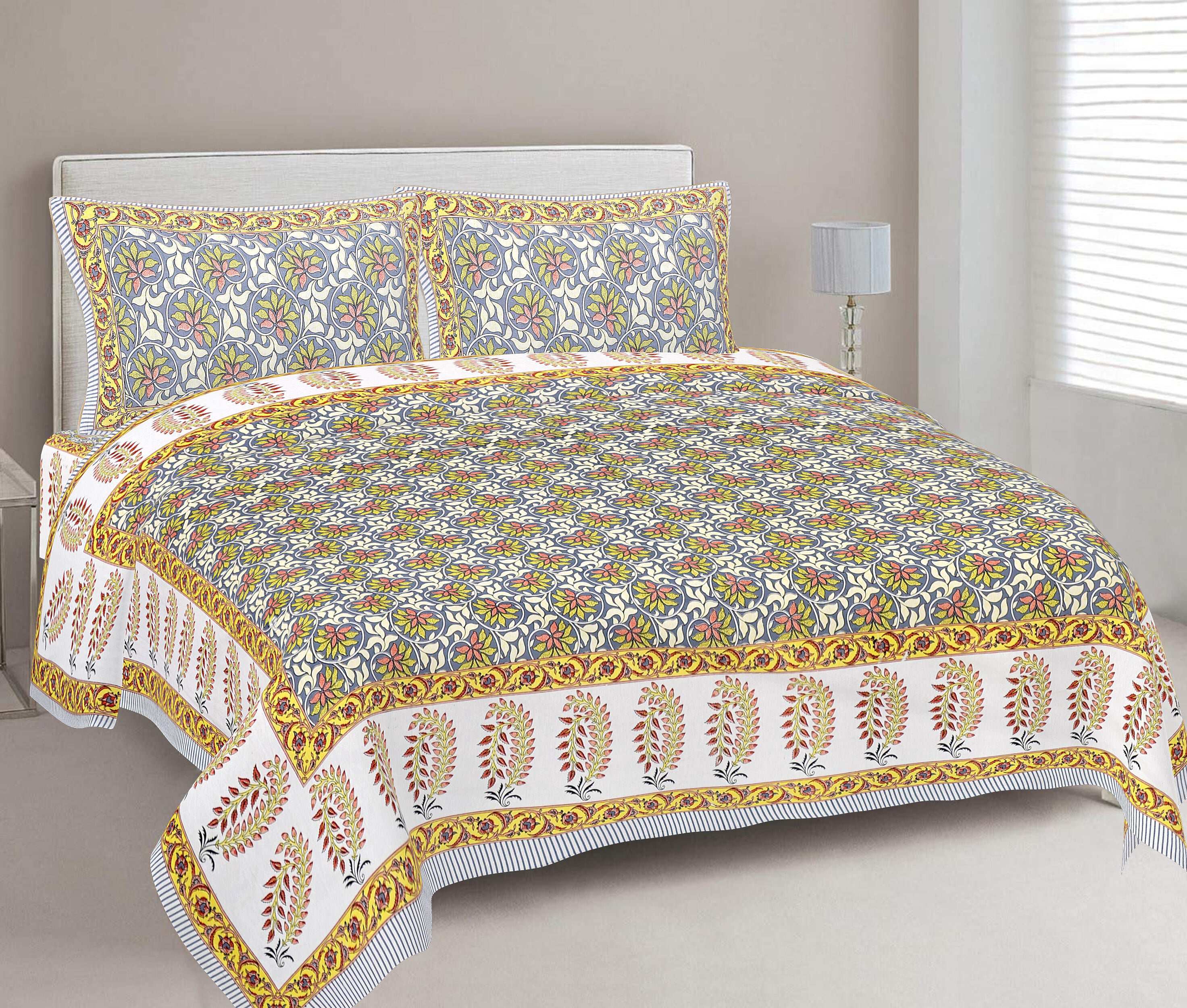 Rudra Bazaar Multi 210 TC Cotton Double King Bedsheet With 2 Pillow Covers