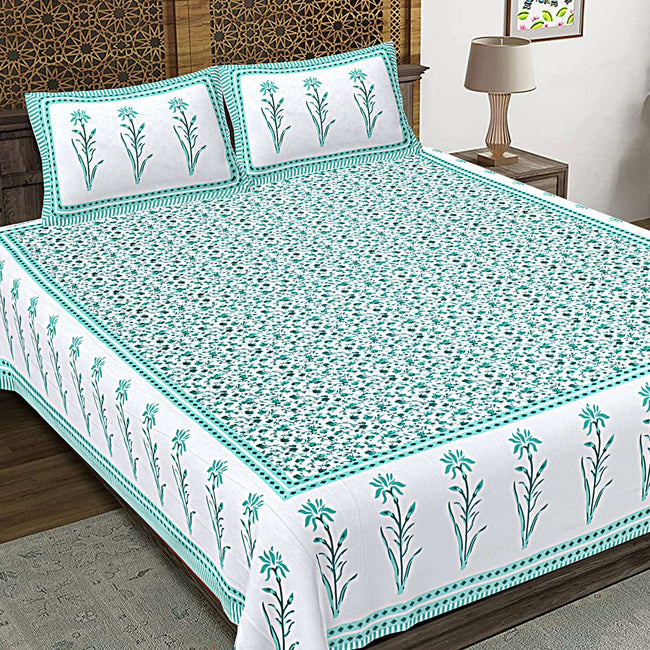 Rudra Bazaar Sea Green 210 TC Cotton Double King Bedsheet With 2 Pillow Covers Hover Image