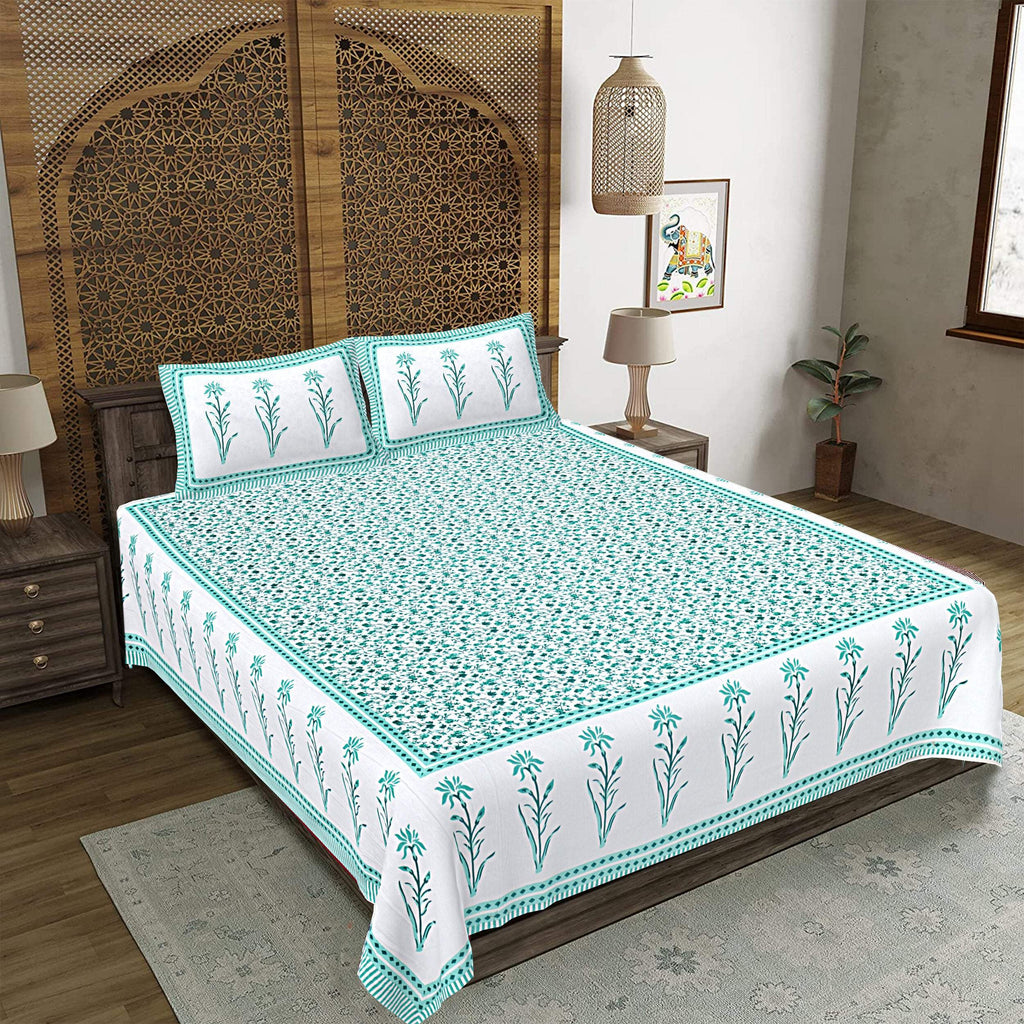 Rudra Bazaar Sea Green 210 TC Cotton Double King Bedsheet With 2 Pillow Covers