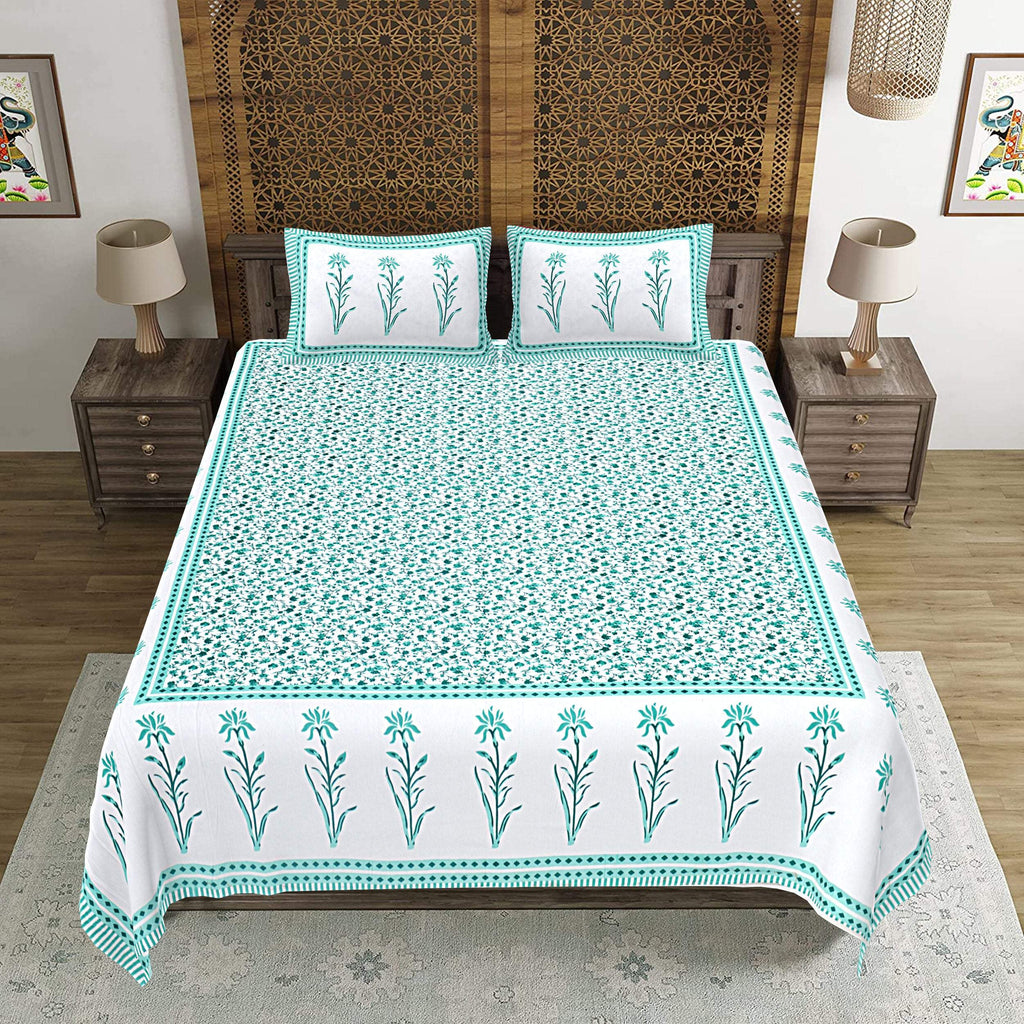 Rudra Bazaar Sea Green 210 TC Cotton Double King Bedsheet With 2 Pillow Covers