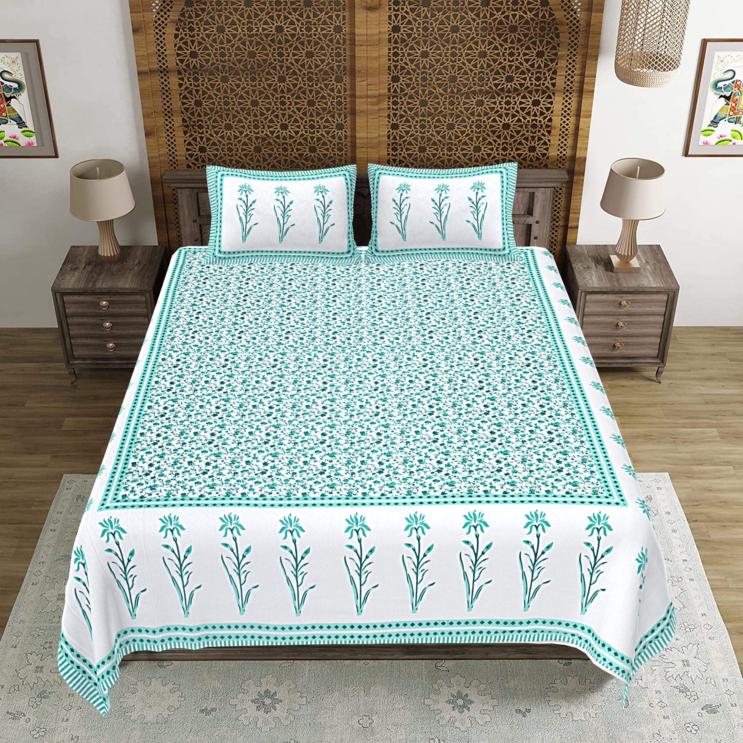 Rudra Bazaar Sea Green 210 TC Cotton Double King Bedsheet With 2 Pillow Covers