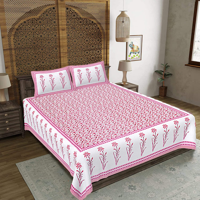 Rudra Bazaar Pink 210 TC Cotton Double King Bedsheet With 2 Pillow Covers Hover Image