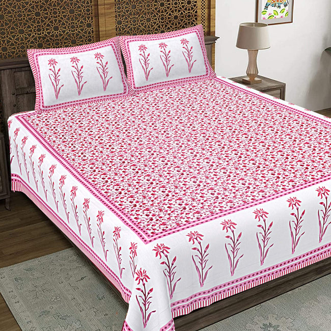 Rudra Bazaar Pink 210 TC Cotton Double King Bedsheet With 2 Pillow Covers Main Image
