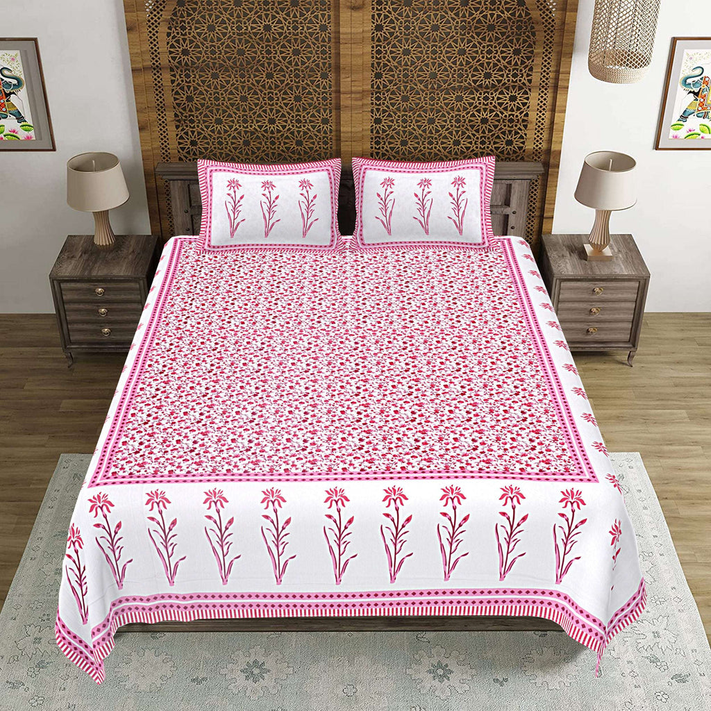 Rudra Bazaar Pink 210 TC Cotton Double King Bedsheet With 2 Pillow Covers