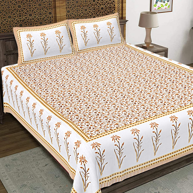 Rudra Bazaar Yellow 210 TC Cotton Double King Bedsheet With 2 Pillow Covers Main Image