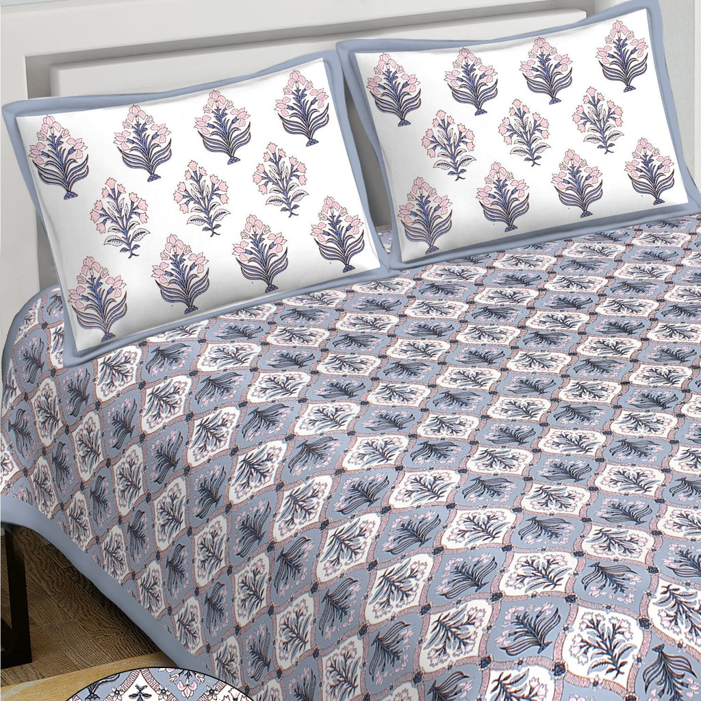 Rudra Bazaar Blue 210 TC Cotton Double King Bedsheet With 2 Pillow Covers