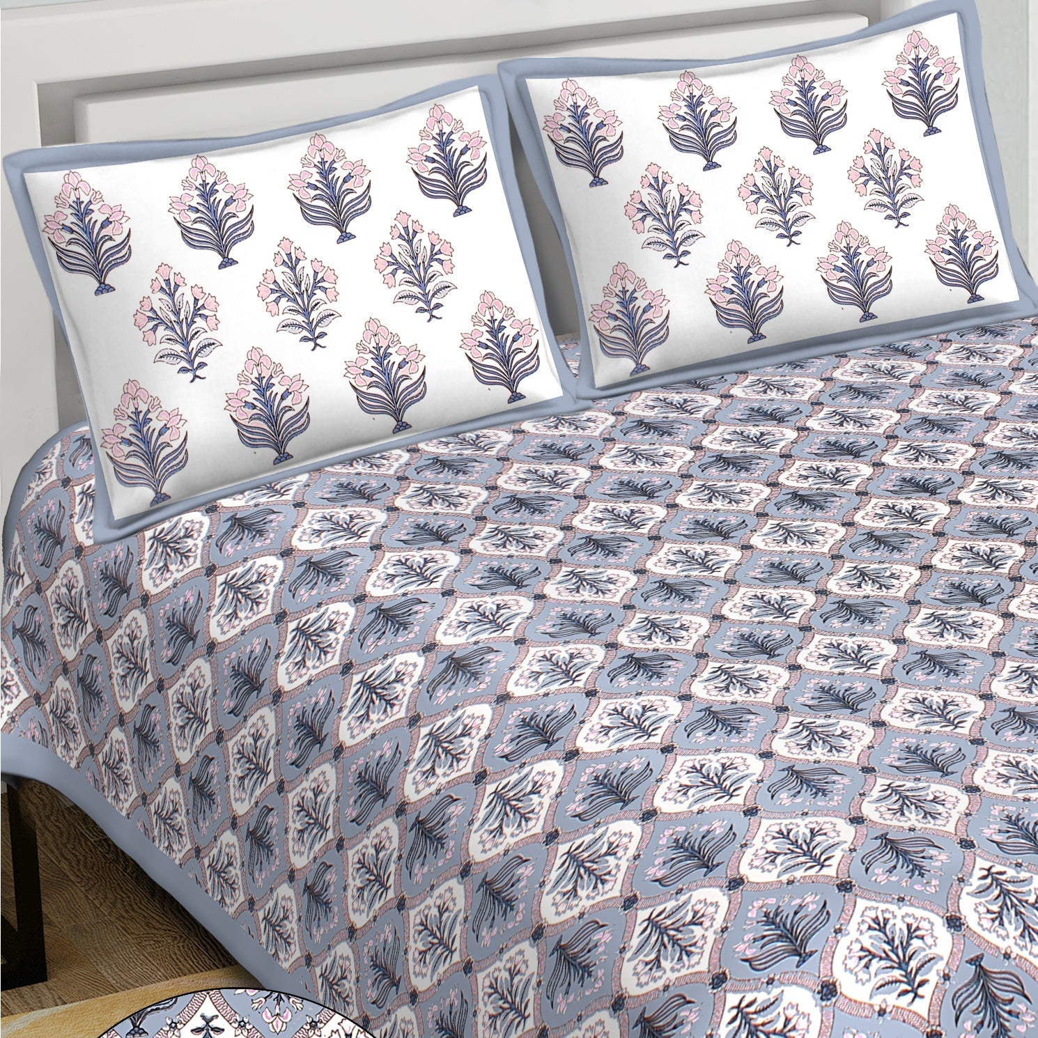 Rudra Bazaar Blue 210 TC Cotton Double King Bedsheet With 2 Pillow Covers