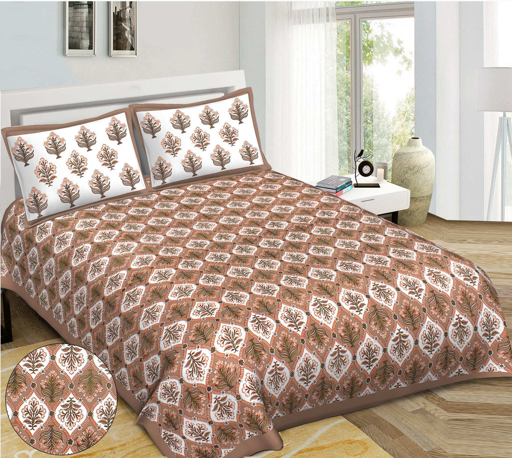 Rudra Bazaar Brown 210 TC Cotton Double King Bedsheet With 2 Pillow Covers