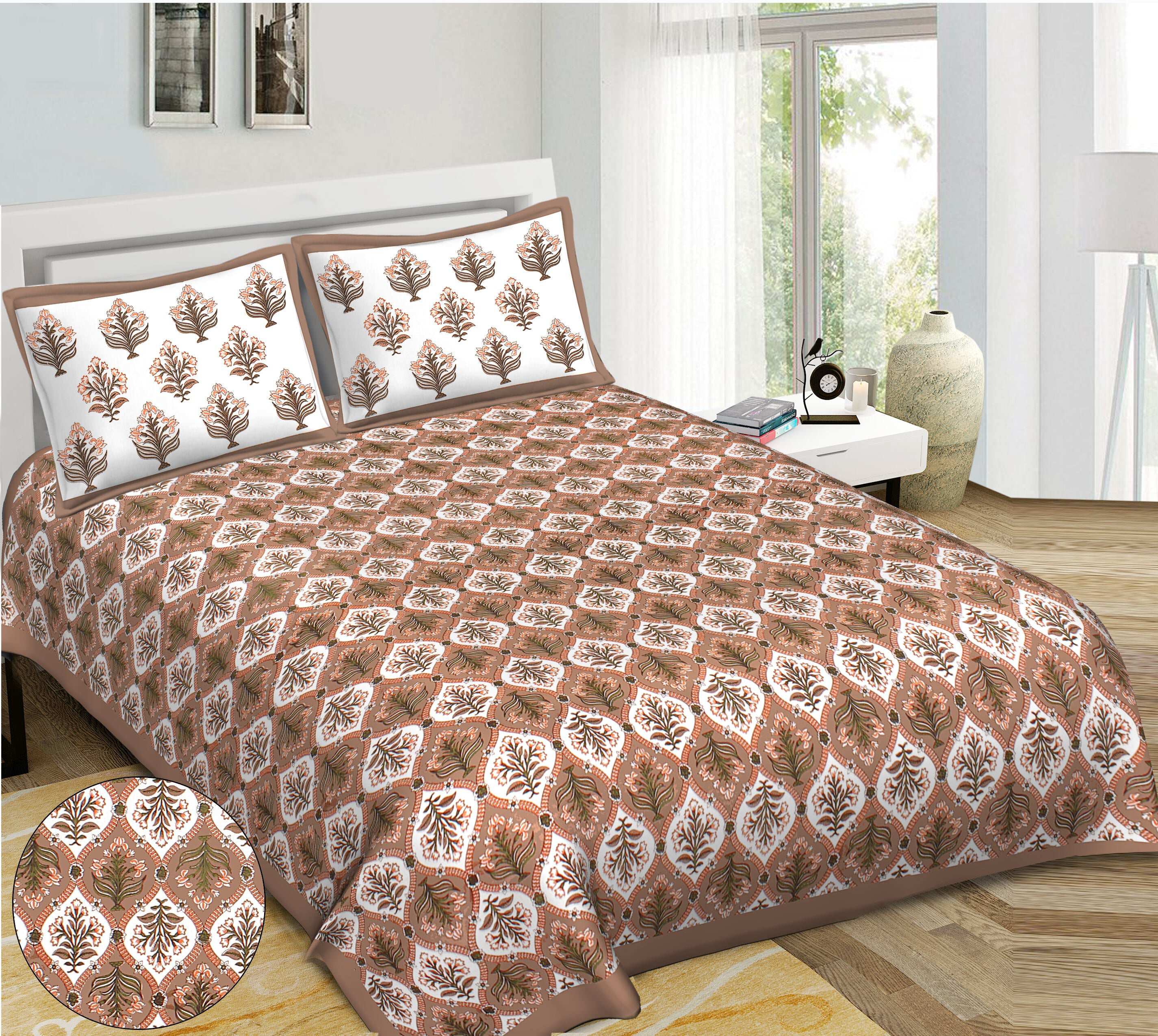 Rudra Bazaar Brown 210 TC Cotton Double King Bedsheet With 2 Pillow Covers