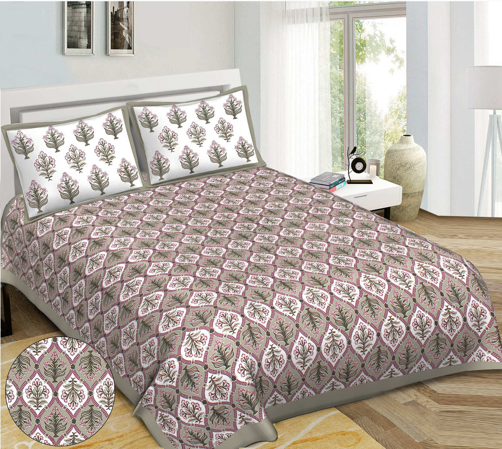Rudra Bazaar Grey 210 TC Cotton Double King Bedsheet With 2 Pillow Covers