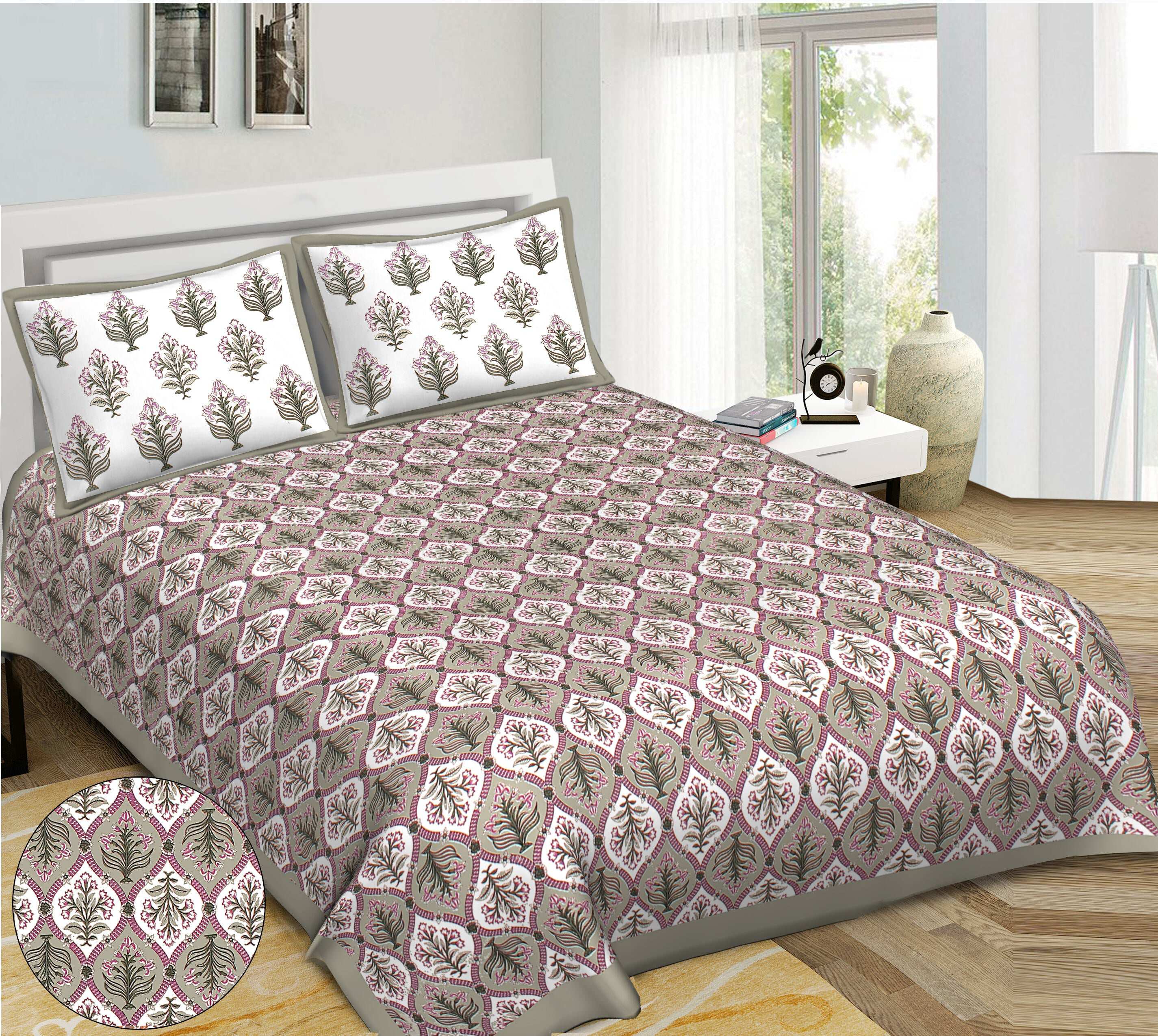 Rudra Bazaar Grey 210 TC Cotton Double King Bedsheet With 2 Pillow Covers