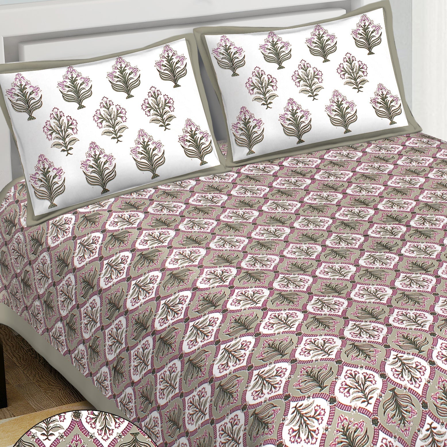 Rudra Bazaar Grey 210 TC Cotton Double King Bedsheet With 2 Pillow Covers