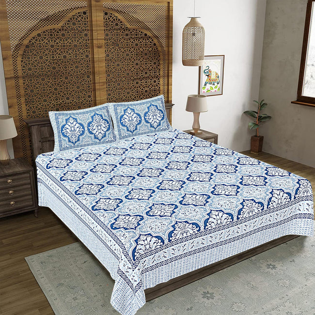 Rudra Bazaar Blue 210 TC Cotton Double King Bedsheet With 2 Pillow Covers Hover Image
