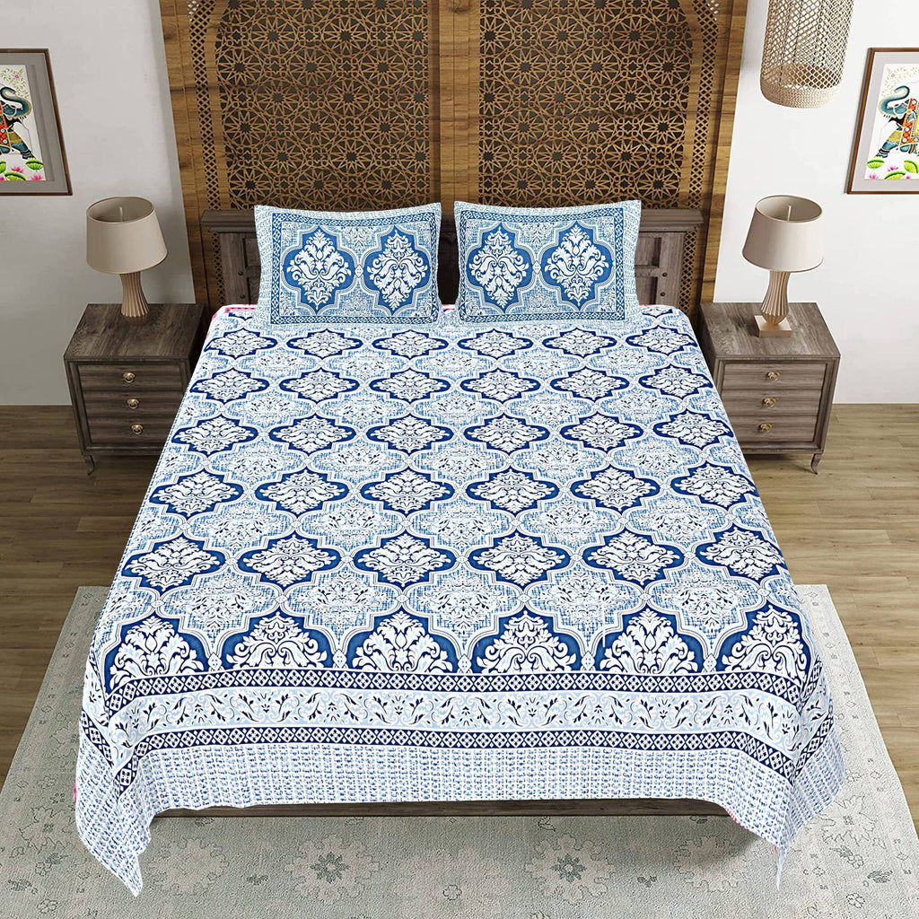 Rudra Bazaar Blue 210 TC Cotton Double King Bedsheet With 2 Pillow Covers