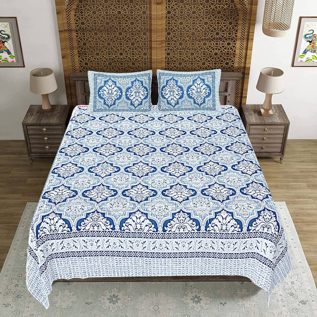 Rudra Bazaar Blue 210 TC Cotton Double King Bedsheet With 2 Pillow Covers Main Image