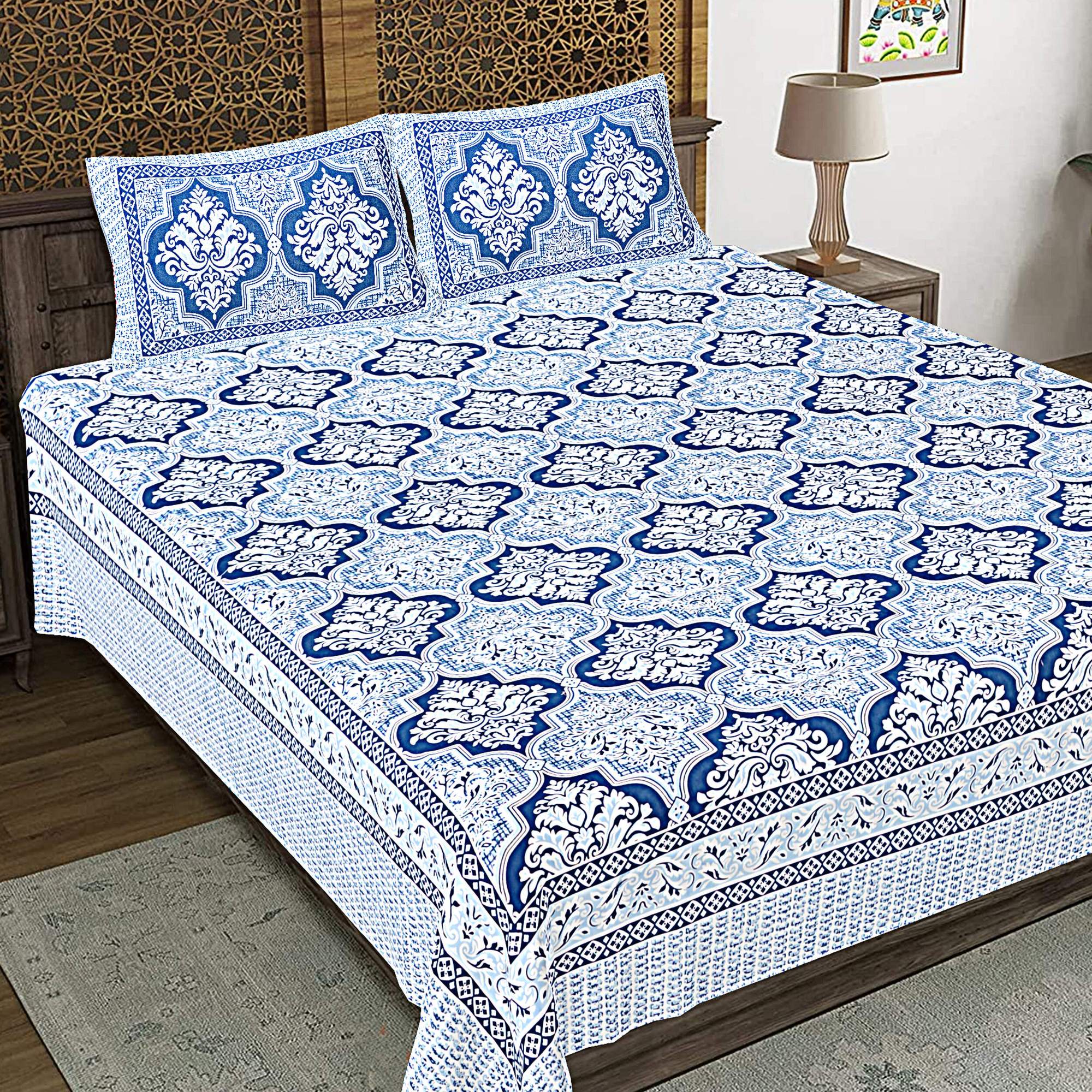 Rudra Bazaar Blue 210 TC Cotton Double King Bedsheet With 2 Pillow Covers