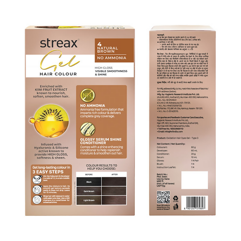Streax Gel No Ammonia 100% Grey Coverage Hair Color - Natural Brown 4