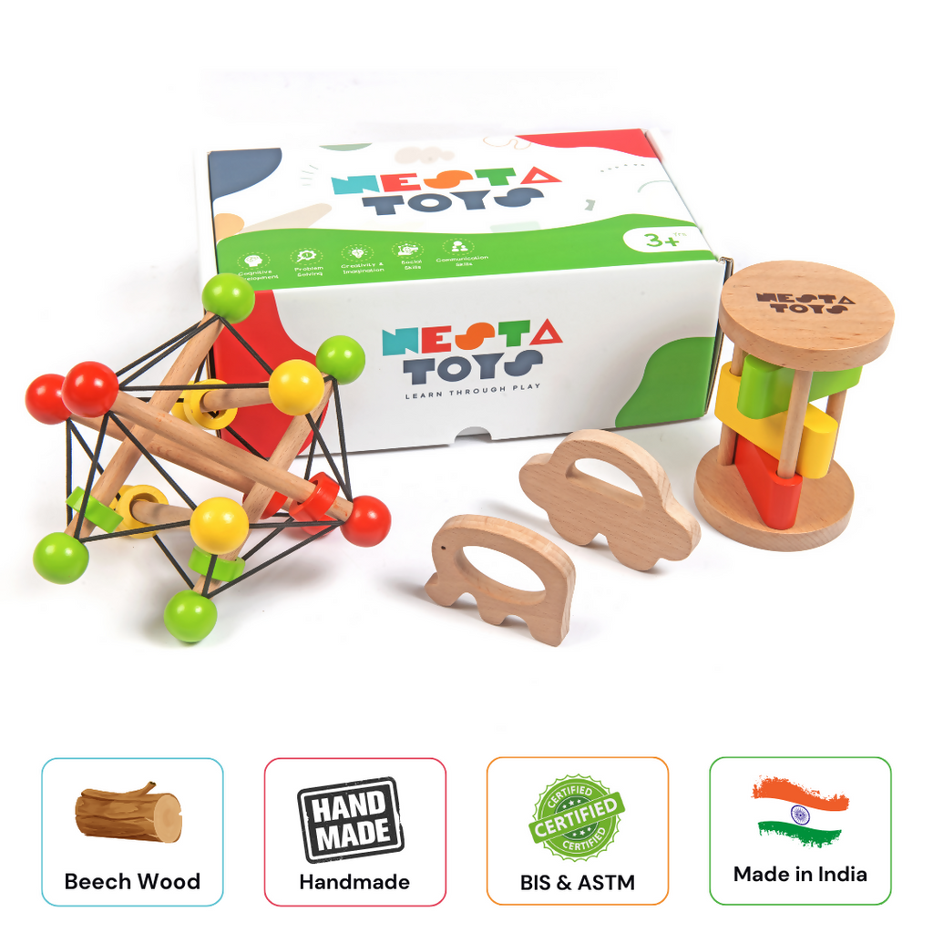 Nesta Toys Newborn Gift Set - Wooden Skwish Rattle, Clacker Rattle, Elephant & Car Teether