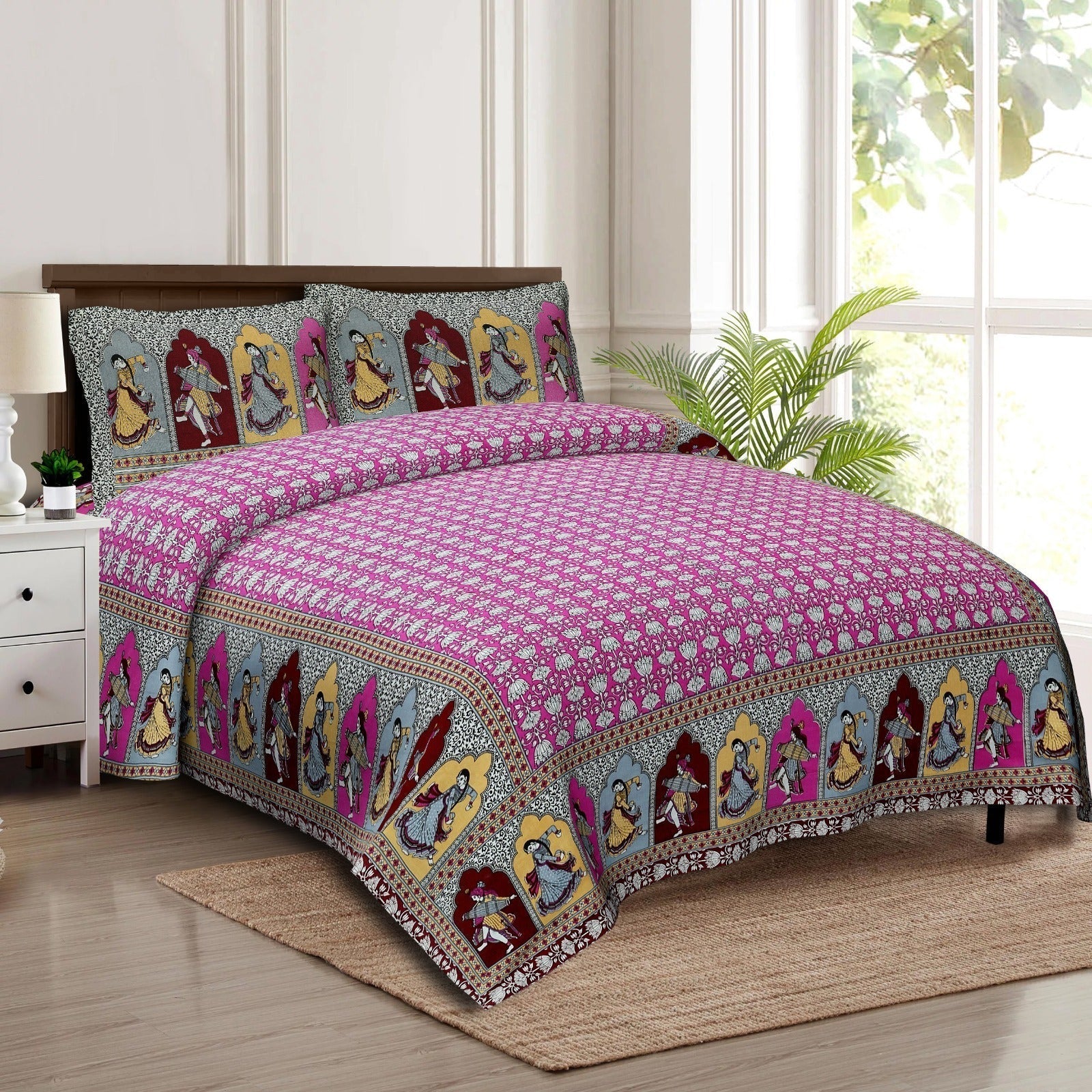 Rudra Bazaar Multicolour 210 TC Cotton Double King Bedsheet With 2 Pillow Covers