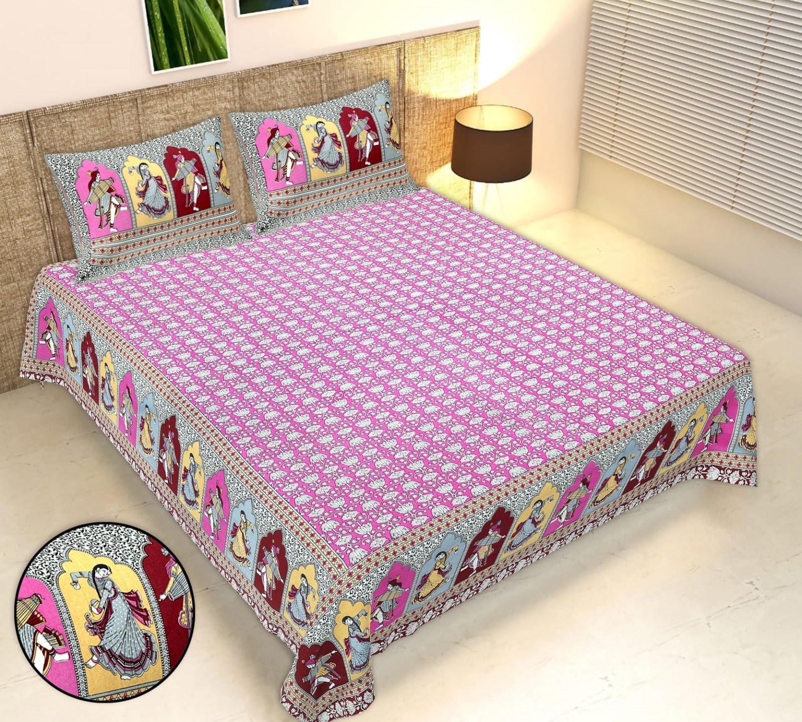 Rudra Bazaar Multicolour 210 TC Cotton Double King Bedsheet With 2 Pillow Covers