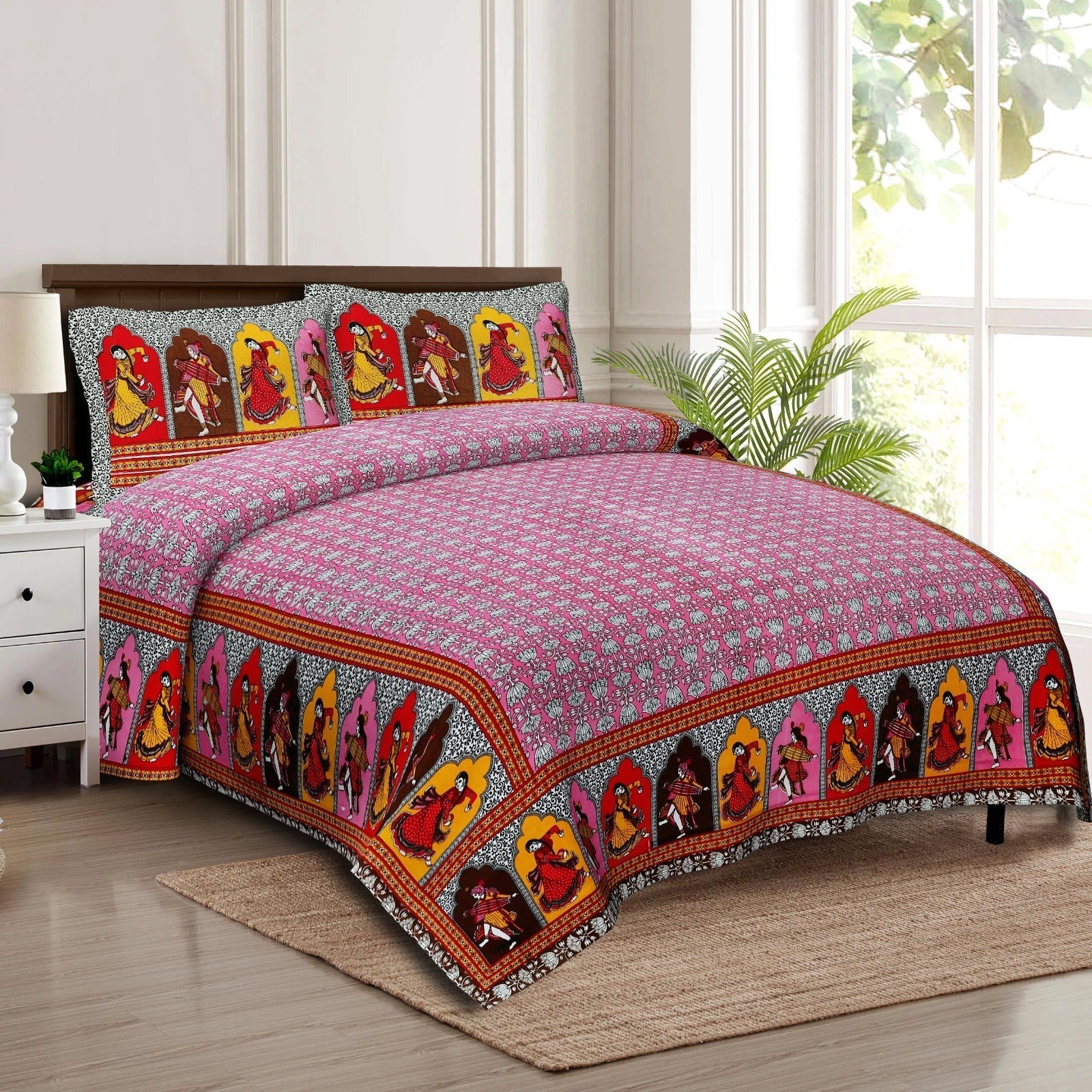 Rudra Bazaar Multicolour 210 TC Cotton Double King Bedsheet With 2 Pillow Covers