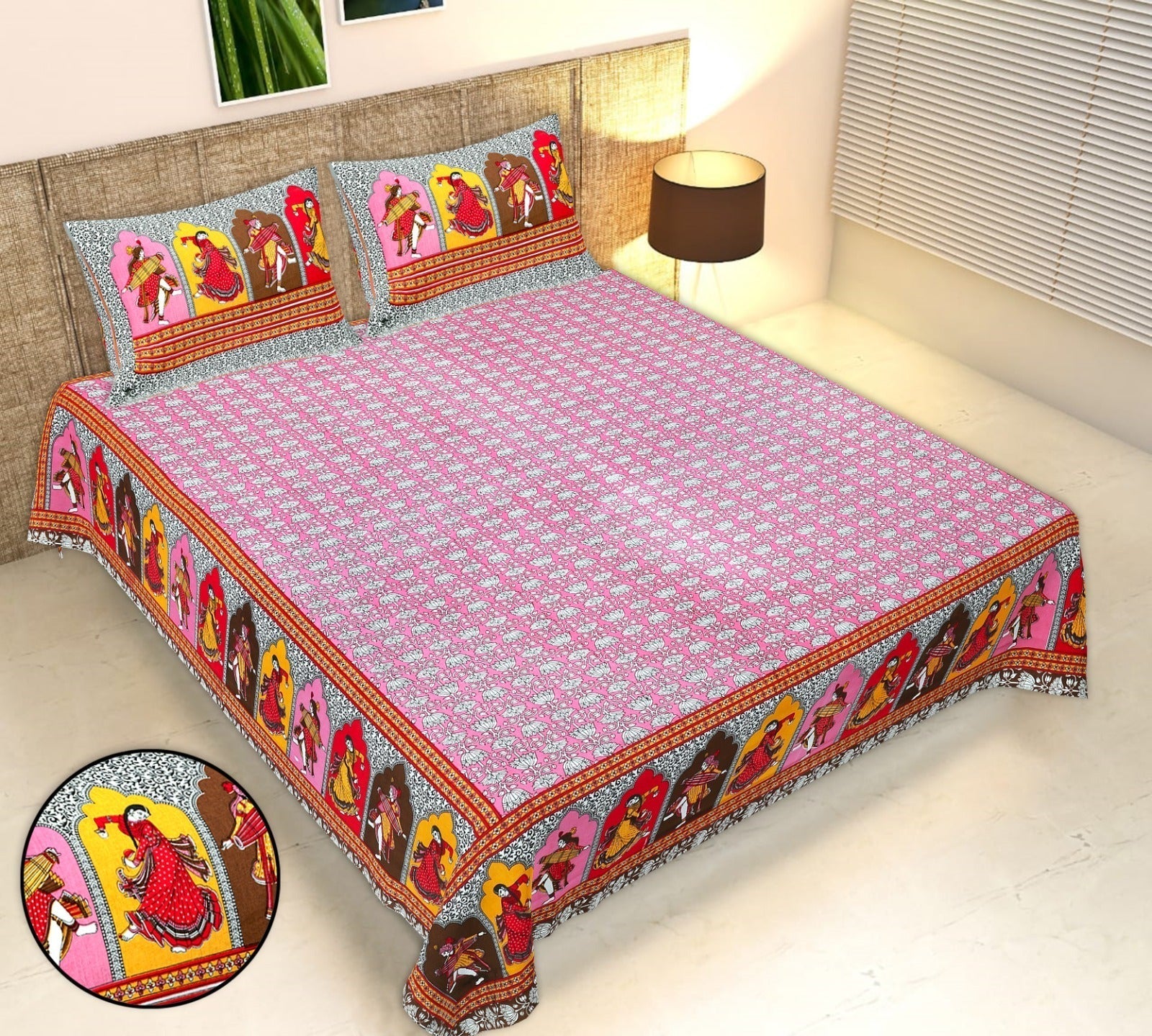 Rudra Bazaar Multicolour 210 TC Cotton Double King Bedsheet With 2 Pillow Covers